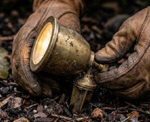Gloved hands installing brass landscape spotlight in soil