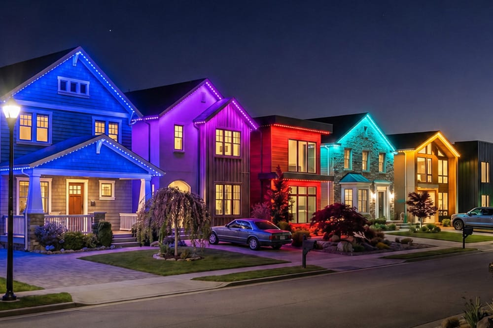 Colorful houses illuminated with rainbow lights at night