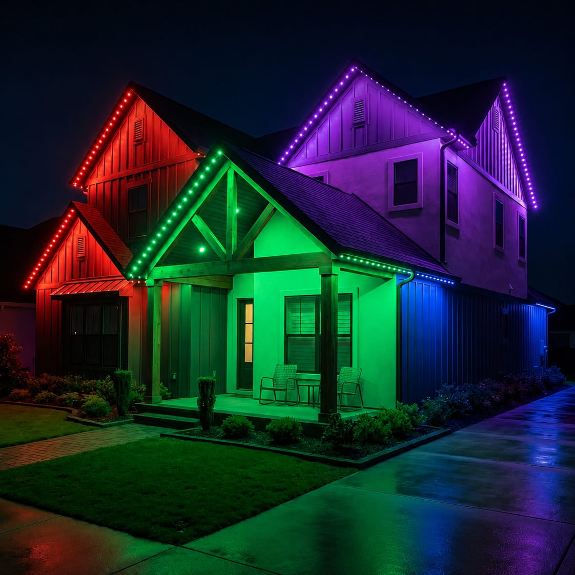 House with colorful LED lights at night