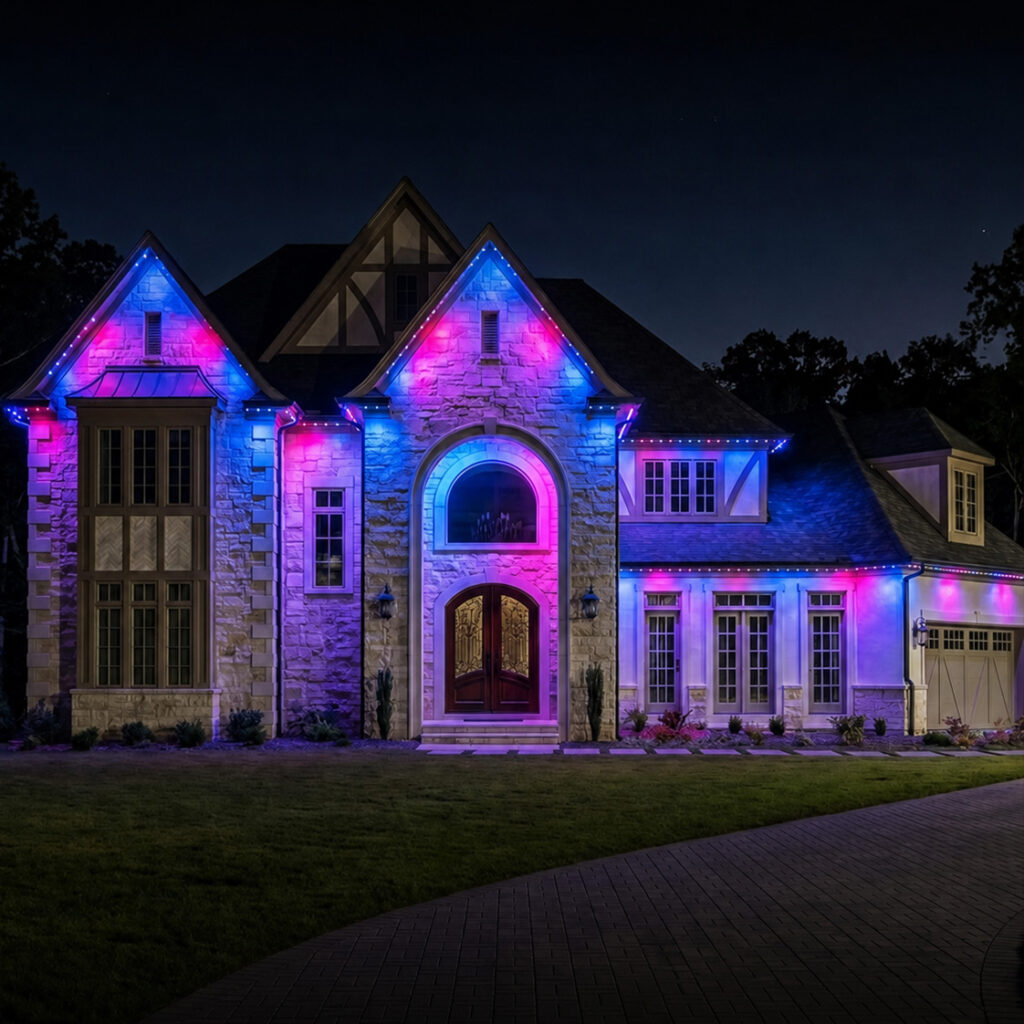 House illuminated with colorful LED lights at night